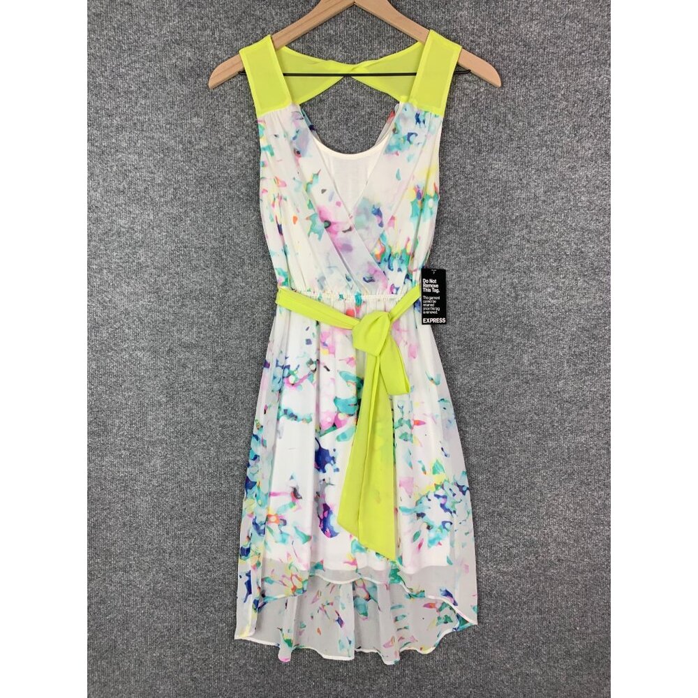 New Express Floral V Neck Multicolor Waist Tie Sleeveless Size XS‎